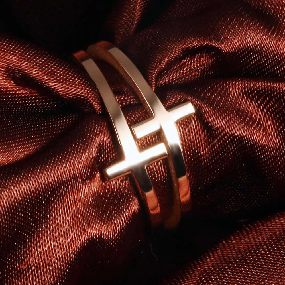 Women Elegant 18K Rose Gold Stainless Steel Double Cross Ring Christian Fashion Wedding Engagement Band