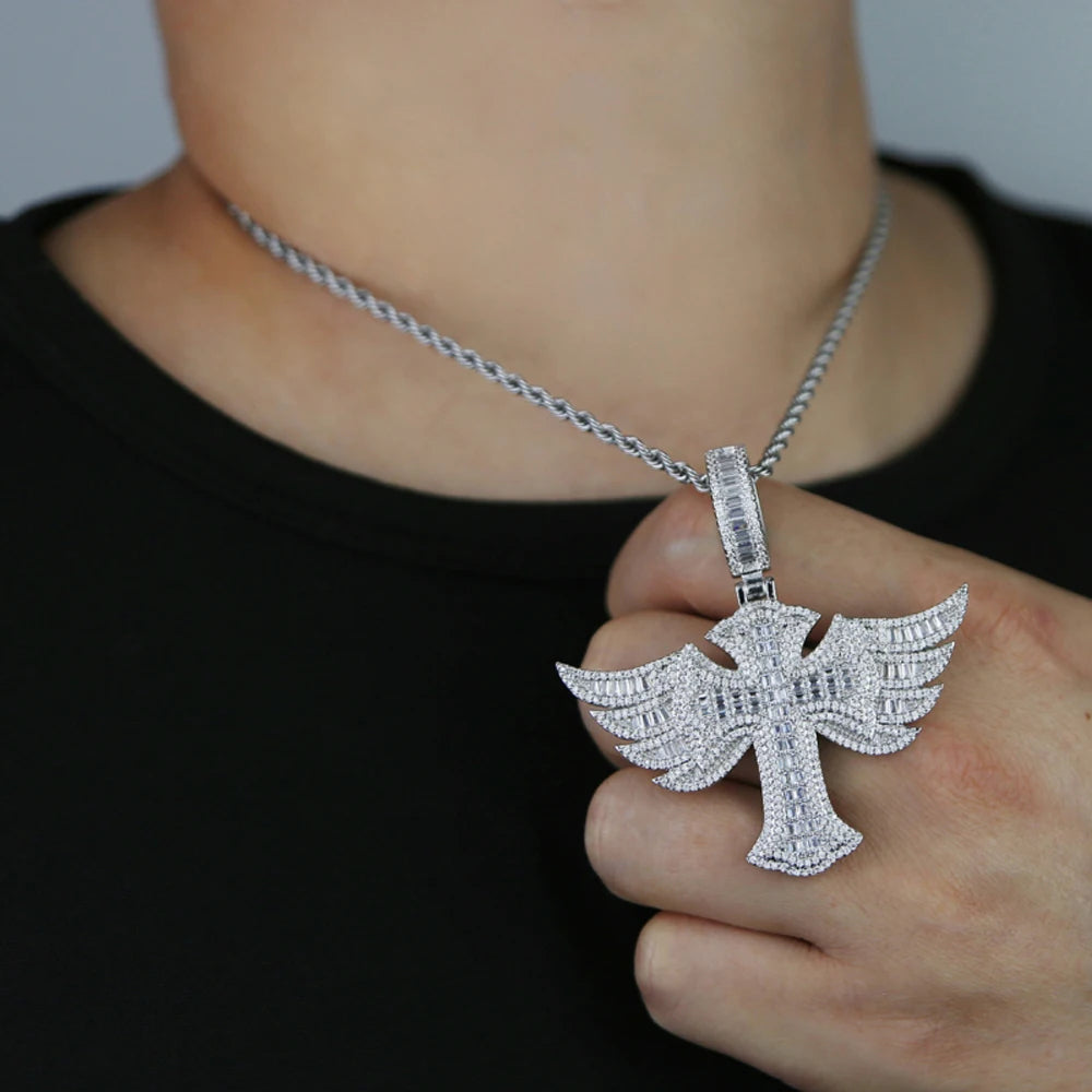 Silver Plated Angel Wing Cross Men Women Pendant CZ Necklace Rope Chain-Necklaces-Innovato Design-Innovato Design