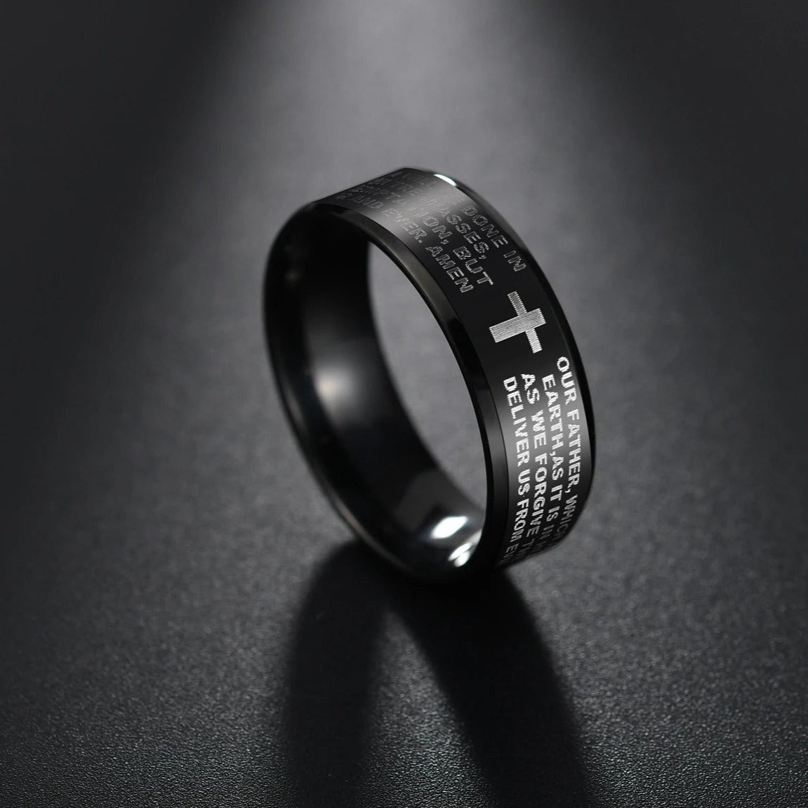 8mm Tungsten Carbide Black Ring Engraved English Bible Lords Prayer Cross Band-Rings-Innovato Design-6-Innovato Design