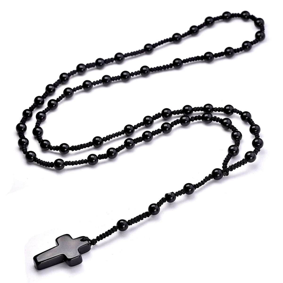 Jet Black-Tone Natural Agate Cross Bead Rosary Handmade Necklace-Necklaces-Innovato Design-Innovato Design