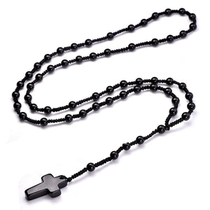 Jet Black-Tone Natural Agate Cross Bead Rosary Handmade Necklace-Necklaces-Innovato Design-Innovato Design