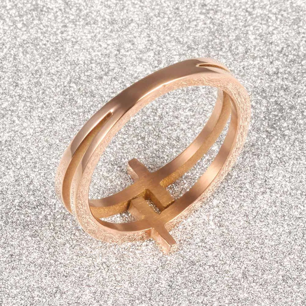 Women Elegant 18K Rose Gold Stainless Steel Double Cross Ring Christian Fashion Wedding Engagement Band