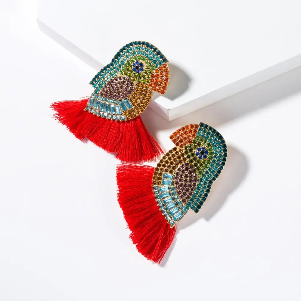 Women's Austrian Crystal Parrot Pet Bird Pierced Dangle Tassel Earrings-Earrings-Innovato Design-Blue-Innovato Design