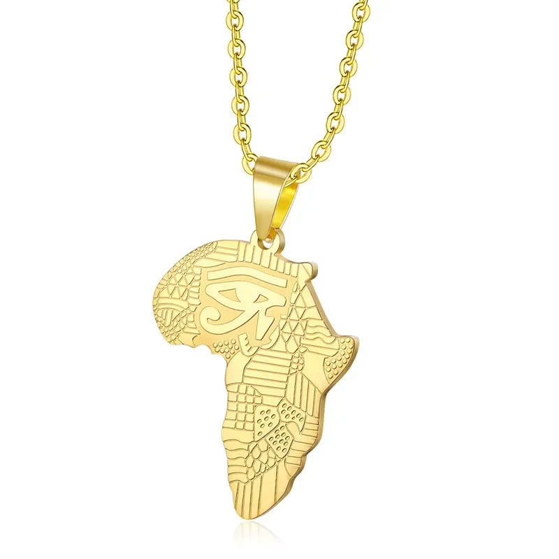 Eye of Horus Egyptian Ankh Africa Map Pendant Necklace in Gold Tone-Necklaces-Innovato Design-Innovato Design