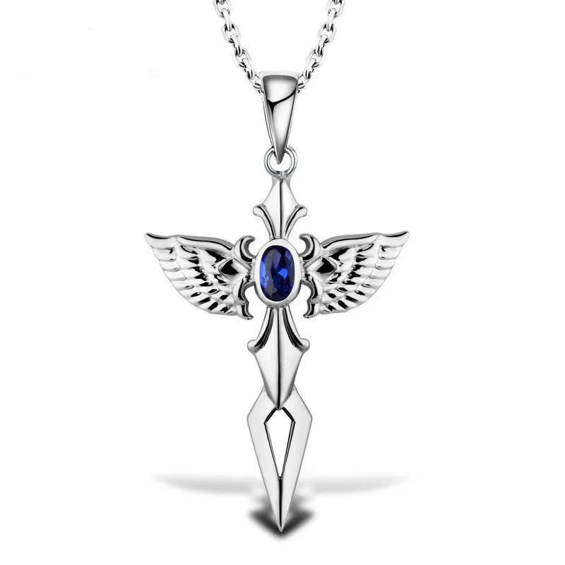 Silver Angel Wings Blue Crystal Zircon Cross Pendant Necklace-Necklaces-Innovato Design-Innovato Design