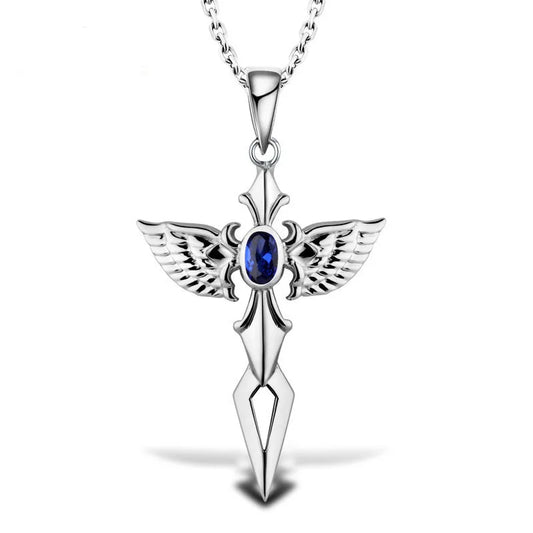 Silver Angel Wings Blue Crystal Zircon Cross Pendant Necklace-Necklaces-Innovato Design-Innovato Design