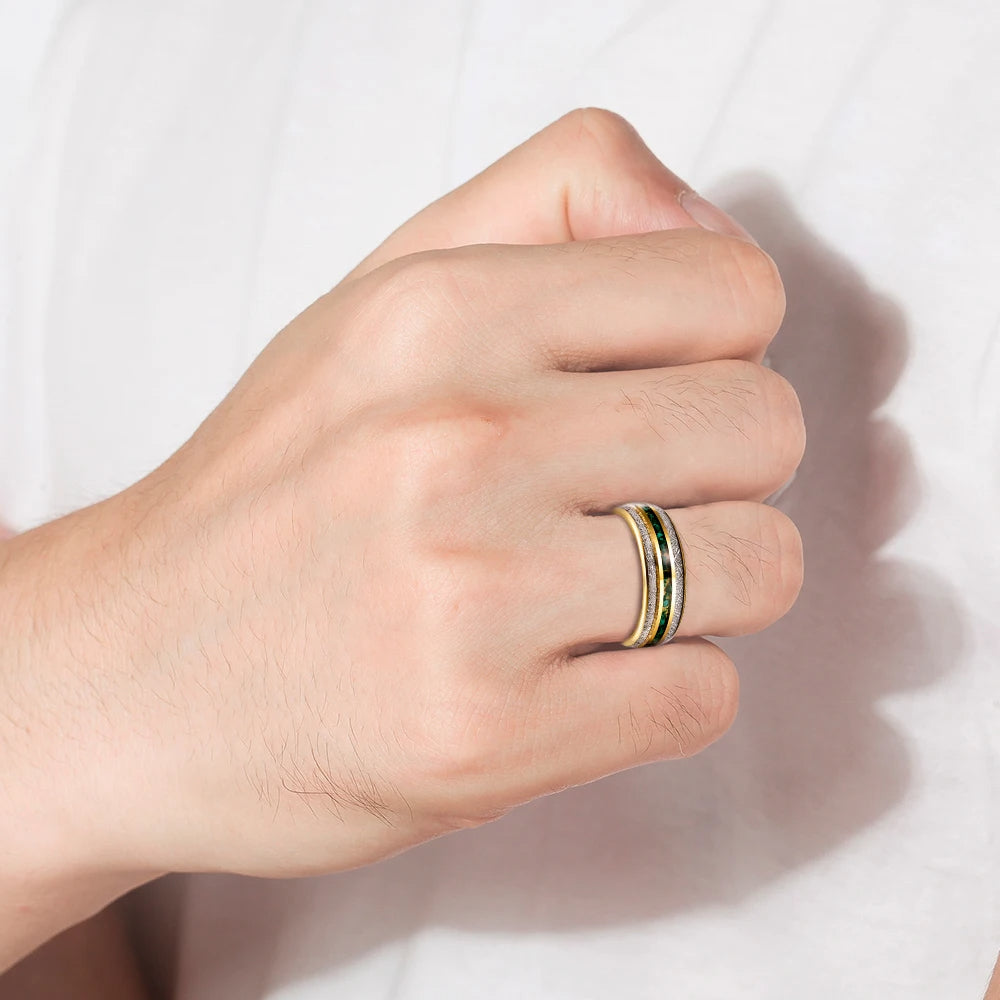 Men 8mm Green Inlay Meteorite Tungsten Electric Gold Ring-Rings-Innovato Design-7-Innovato Design