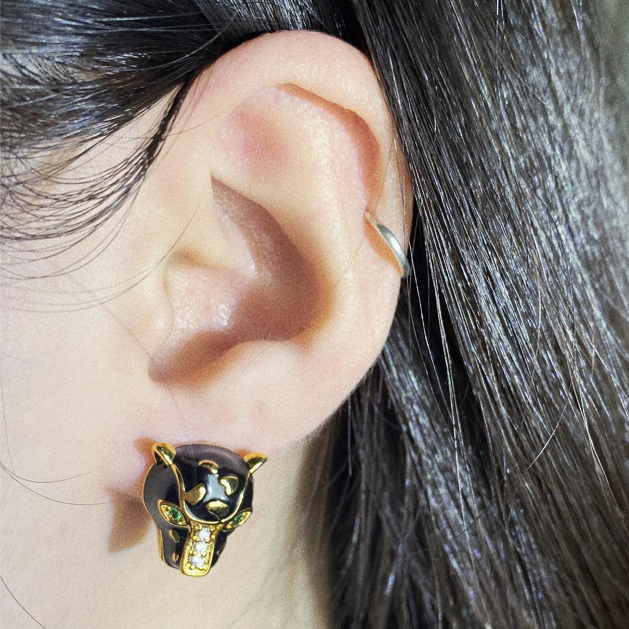 18k Gold Plated Leopard Head White Black Crystal Stud Earrings-Earrings-Innovato Design-Innovato Design