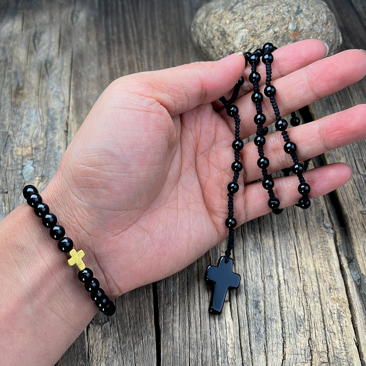 Jet Black-Tone Natural Agate Cross Bead Rosary Handmade Necklace-Necklaces-Innovato Design-Innovato Design