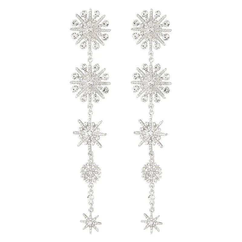 Women's Cubic Zirconia Gorgeous Snowflake Chandelier Long Dangle Earrings Clear Silver-Tone-Earrings-Innovato Design-Innovato Design