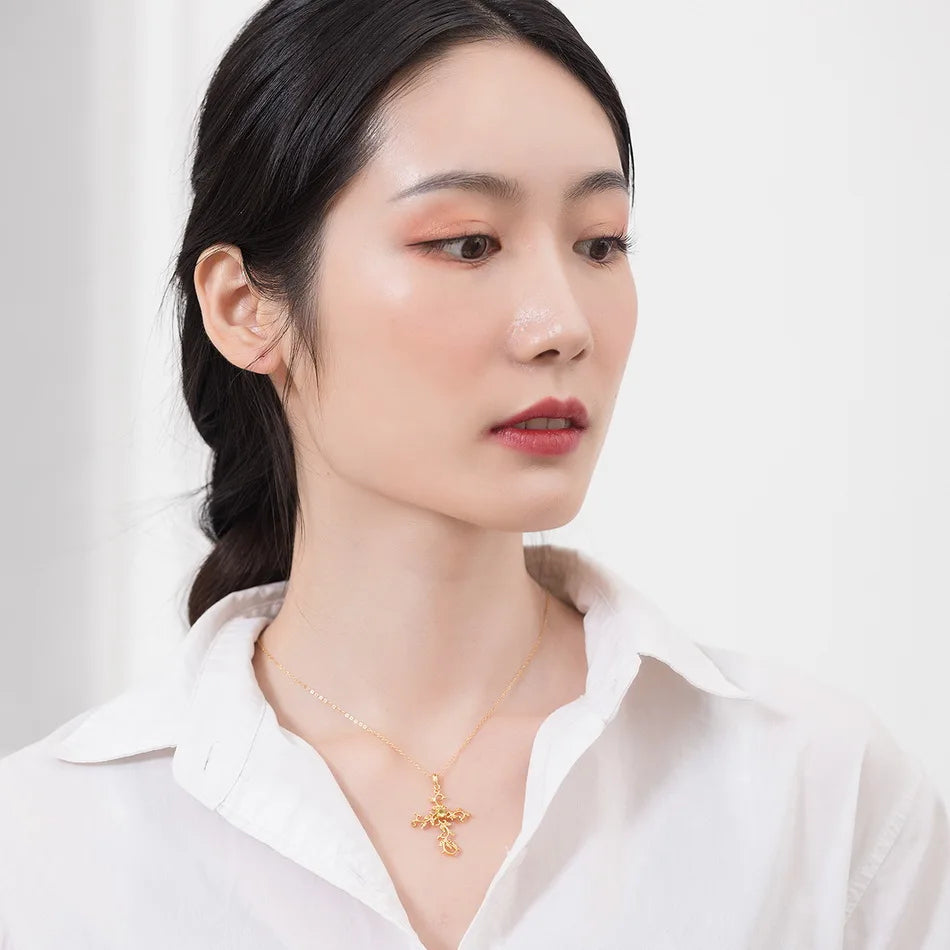 Sterling Silver Steel Leaf Branch Peridot Gold Cross Pendant Necklace-Necklaces-Innovato Design-Innovato Design