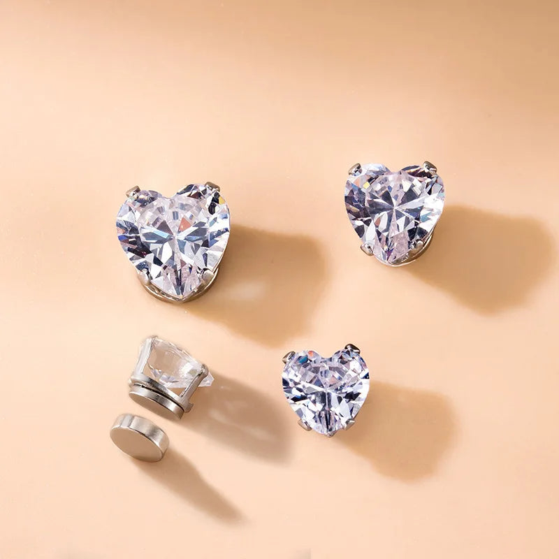 Clear Heart Shape Cubic Zirconia Magnetic Stud Earring Set-Earrings-Innovato Design-Innovato Design