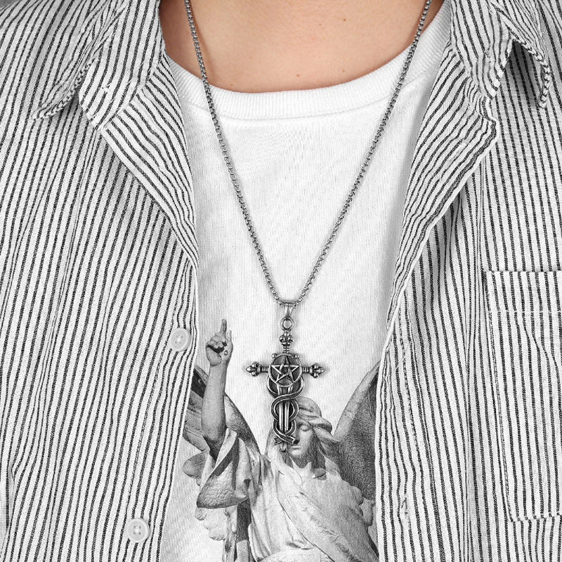 Stainless Steel Men Pendant Necklace Vintage Cross Pentagram-Necklaces-Innovato Design-Innovato Design