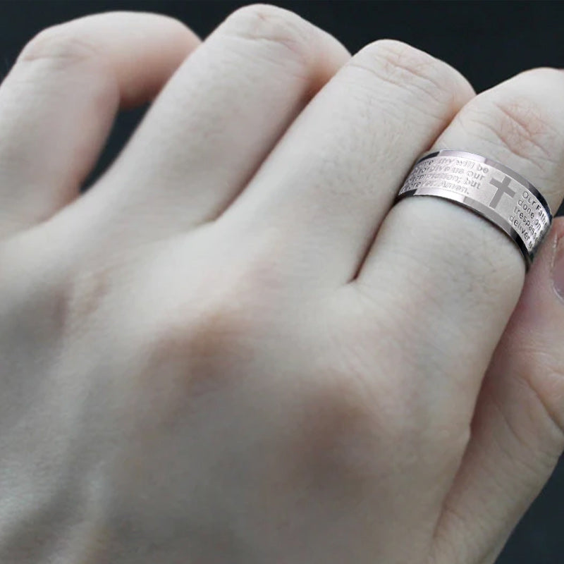 Men Women 8 mm Stainless Steel Ring English Lord's Prayer Cross Band-Rings-Innovato Design-6-Innovato Design