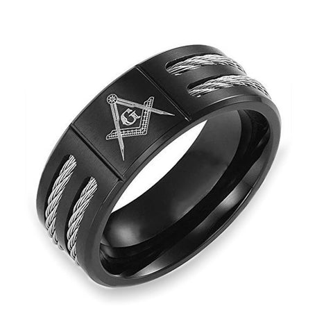 Men Black Titanium Masonic Ring with Wires Freemason Brother Gift ...