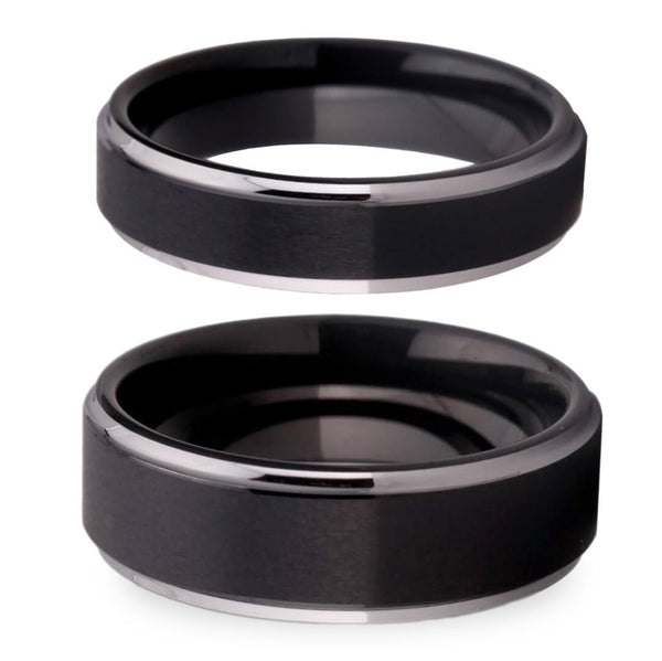 Matte Black with Silver Step Tungsten Wedding Ring Set-Couple Rings-Innovato Design-5-5-Innovato Design