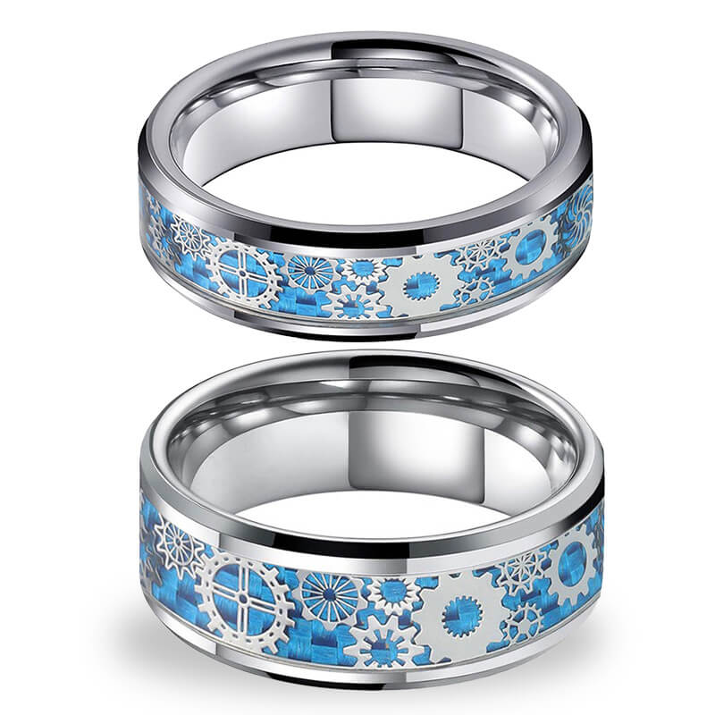 Blue & Silver Carbon Fiber with Gear Inlay Tungsten Matching Wedding Ring Set-Couple Rings-Innovato Design-6-5-Innovato Design