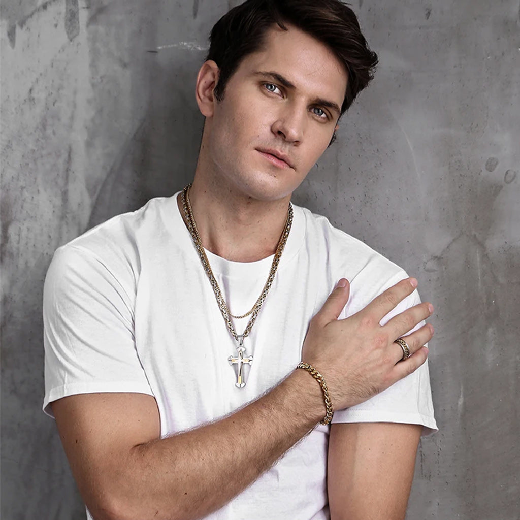 Stainless Steel Men Cross Necklace Pendant For Boys Byzantine Chain Black Gold