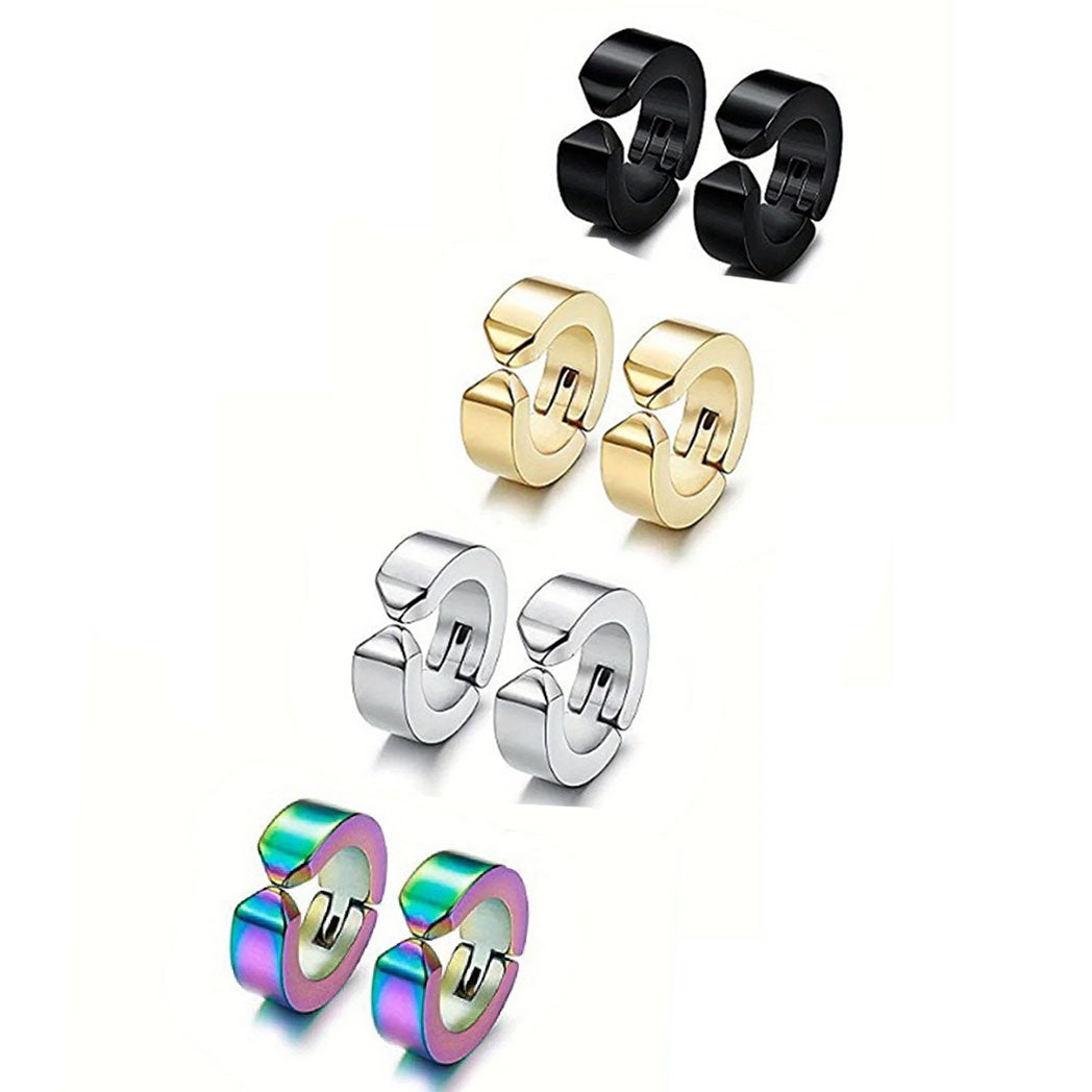 3-4 Pairs Stainless Steel Men Women Clip On Earrings Hoop Huggie Non-Piercing