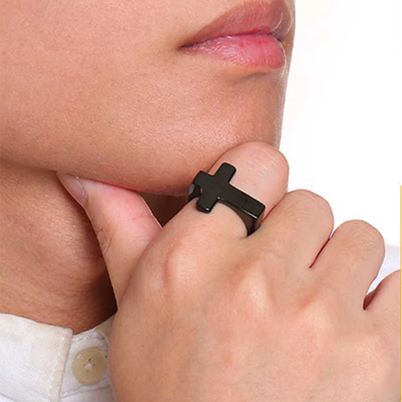 Men 5mm Stainless Steel Cross Ring Christian Wedding Black Band Polished-Rings-Innovato Design-8-Innovato Design