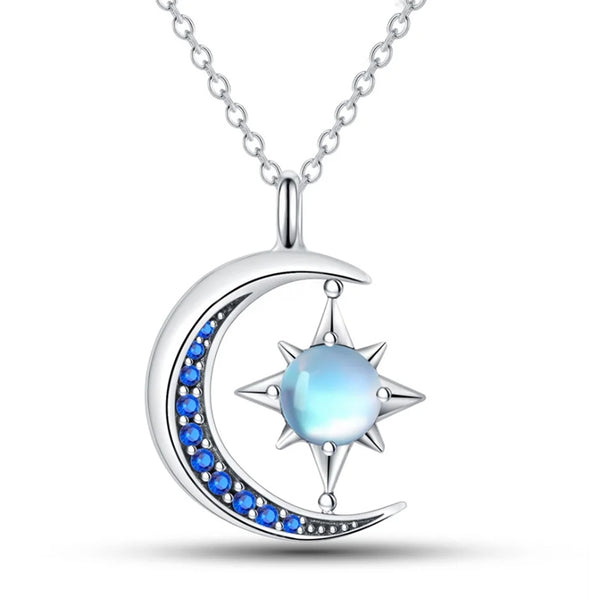 Blue and Silver Sun Moon and Stars Crystal Pendant Necklace