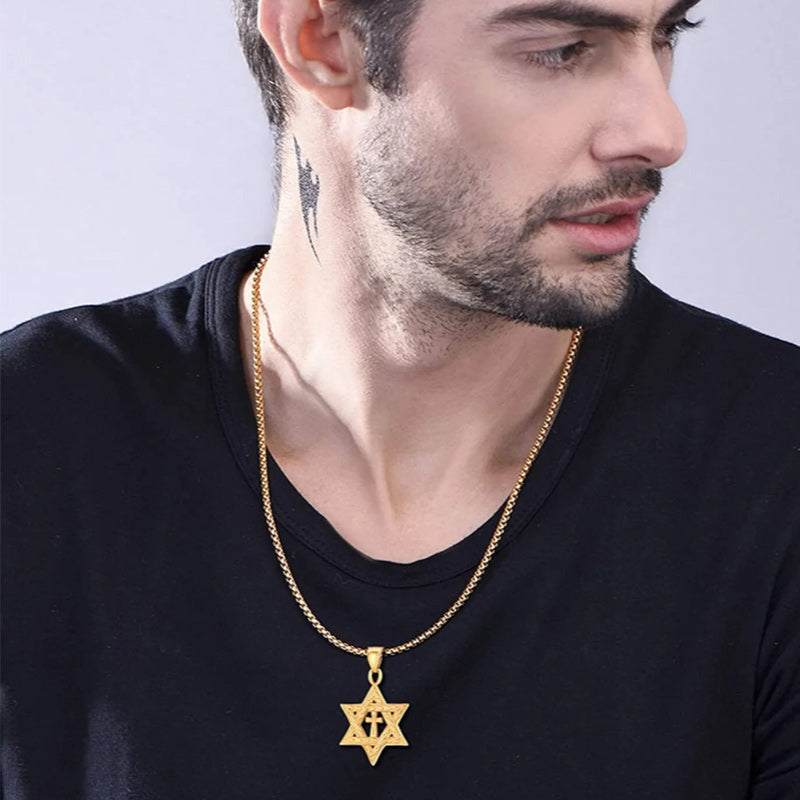 Metallic Messianic Star of David around Holy Cross Pendant Necklace-Necklaces-Innovato Design-Gold-Innovato Design