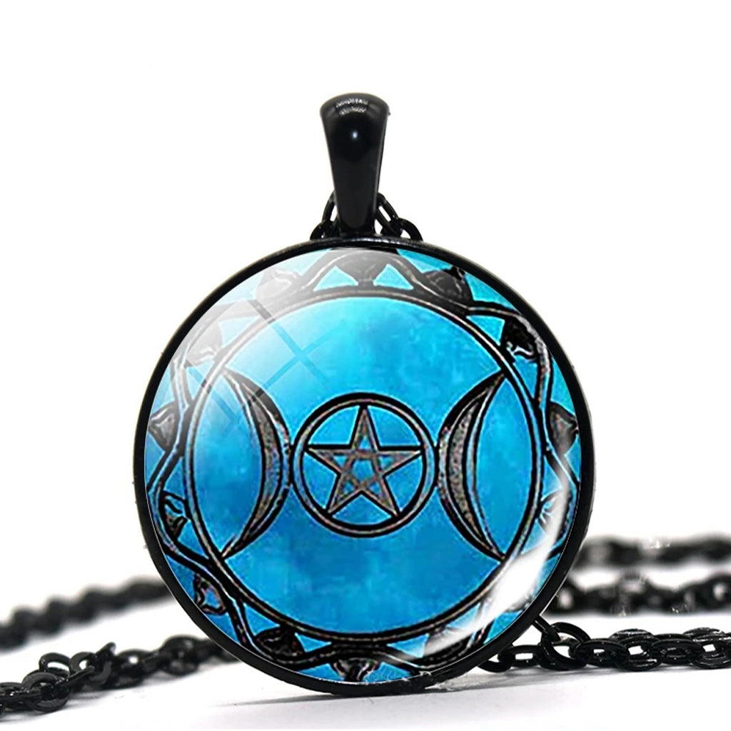 Triple Moon Goddess Pentagram Black Blue Pendant Necklace-Necklaces-Innovato Design-Innovato Design