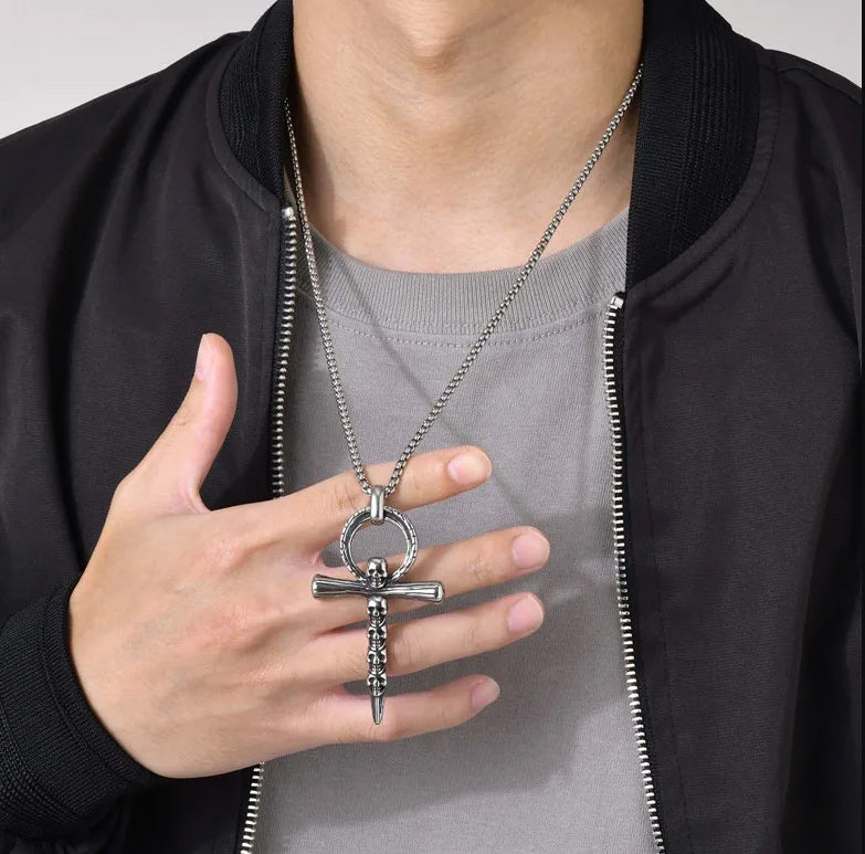 Gothic Silver Skull Cross Pendant Stainless Steel Necklace-Necklaces-Innovato Design-Innovato Design