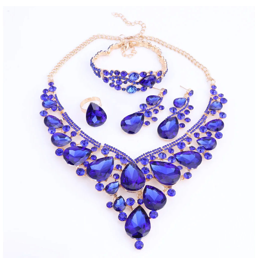 Crystal and Rhinestone Flower Necklace, Bracelet, Earrings & Ring Wedding Statement Jewelry Set