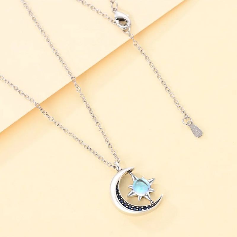 Blue and Silver Sun Moon and Stars Crystal Pendant Necklace-Necklaces-Innovato Design-Innovato Design