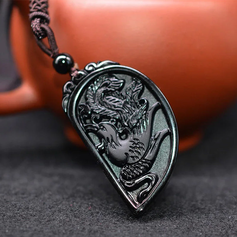 Dragon Phoenix Pendant Yin Yang Obsidian 2 Necklaces Couple Set-Necklaces-Innovato Design-Innovato Design