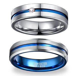 His & Her Cubic Zirconia Matte Blue Groove Tungsten Couple Rings Set-Ring-Innovato Design-7-7-Innovato Design