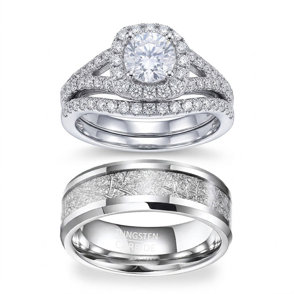 His & Her Tungsten 925 Sterling Silver Couple Wedding Engagement Promise Band Ring Set