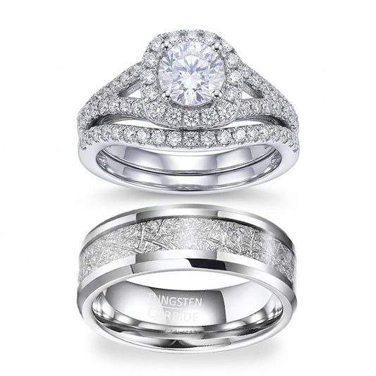 His & Her Tungsten 925 Sterling Silver Couple Wedding Engagement Promise Band Ring Set