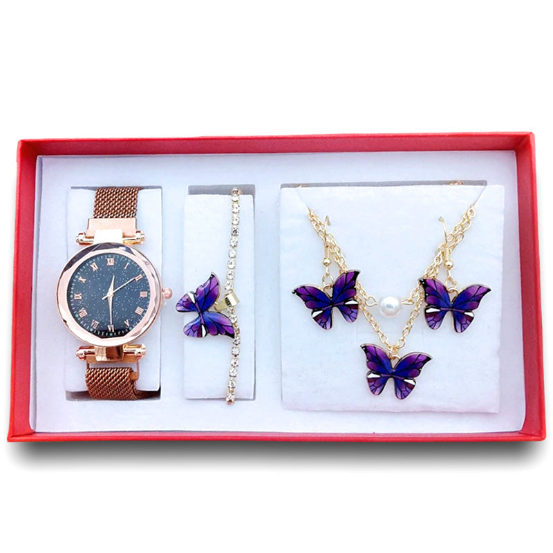 Women Butterfly Quartz Watch, Necklace, Bracelet, and Earrings Jewelry Set-Jewelry Sets-Innovato Design-Innovato Design