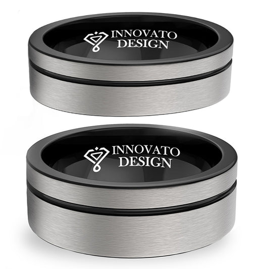 His & Her 6mm/8mm Brushed Matte Grey With Black Groove Tungsten Carbide Rings Set-Ring-Innovato Design-5-5-Innovato Design