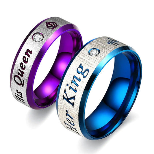 His and Her Silver Plated Stainless Steel with Blue and Pink Crown with Cubic Zirconia Couple Ring-Rings-Innovato Design-Women-5-Innovato Design