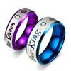 His and Her Silver Plated Stainless Steel with Blue and Pink Crown with Cubic Zirconia Couple Ring