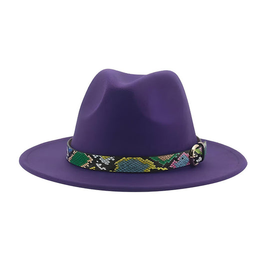 Wide Brim Wool Fedora Hat with Snake Skin Striped Band-Hats-Innovato Design-Purple-Innovato Design