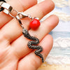 Black Crystal Snake and Red Apple Pendant with Rope Necklace