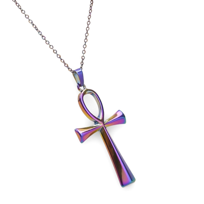 Stainless Steel Pendant Necklace Purple Silver Egyptian Ankh Cross-Necklaces-Innovato Design-Purple-Innovato Design