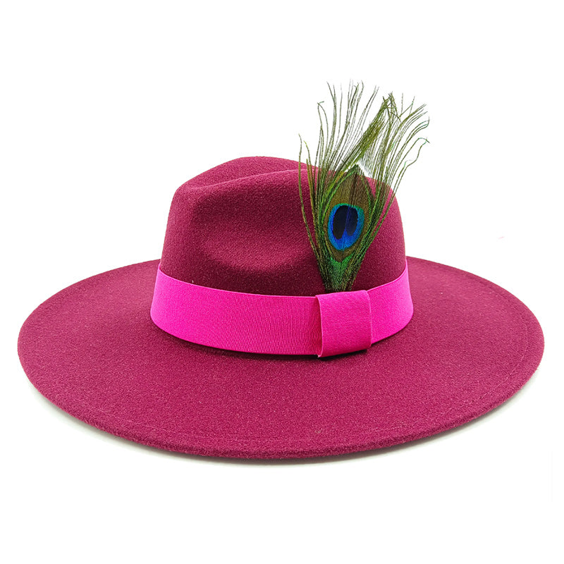 Wide Brim Wool Felt Fedora Hat with Peacock Feather-Hats-Innovato Design-Pink-Innovato Design