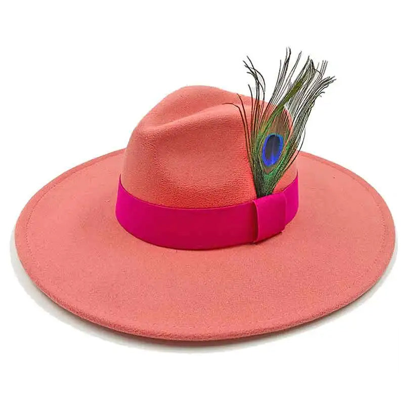 Wide Brim Wool Felt Fedora Hat with Peacock Feather-Hats-Innovato Design-Coral-Innovato Design