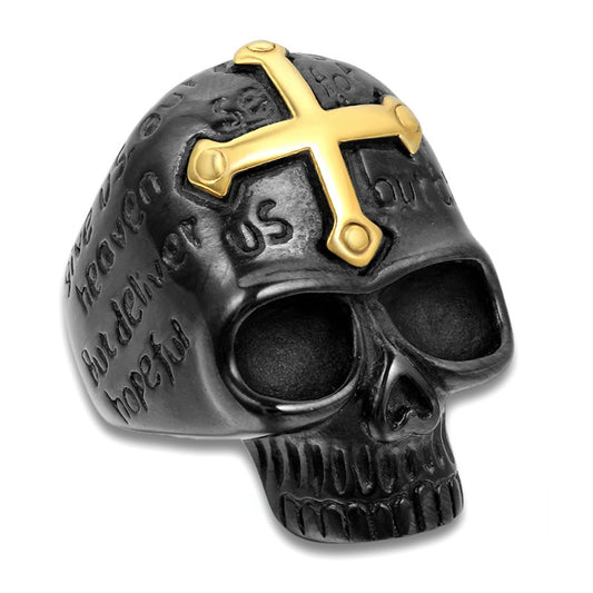 Men's Stainless Steel Rings Black Gold Skull Cross Bible Lords Prayer Gothic