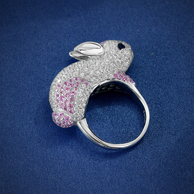 Cute Sterling Silver Rabbit Ring Crystal Sparkling Pink Zircon-Rings-Innovato Design-5-Innovato Design