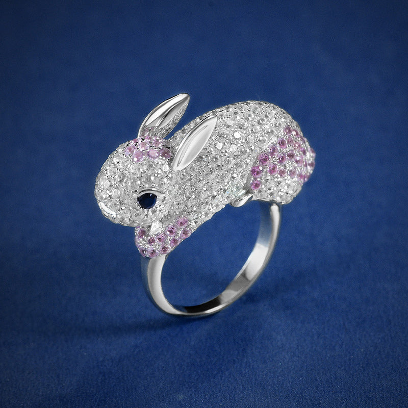 Cute Sterling Silver Rabbit Ring Crystal Sparkling Pink Zircon-Rings-Innovato Design-5-Innovato Design