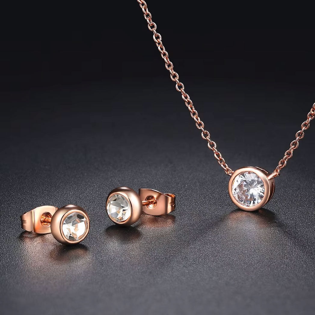 Cubic Zirconia Stainless Steel Necklace & Earrings Jewelry Set