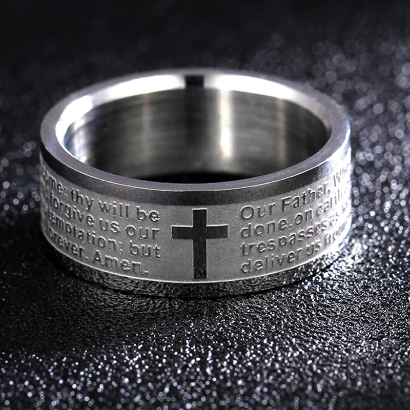 Men Women 8 mm Stainless Steel Ring English Lord's Prayer Cross Band-Rings-Innovato Design-6-Innovato Design