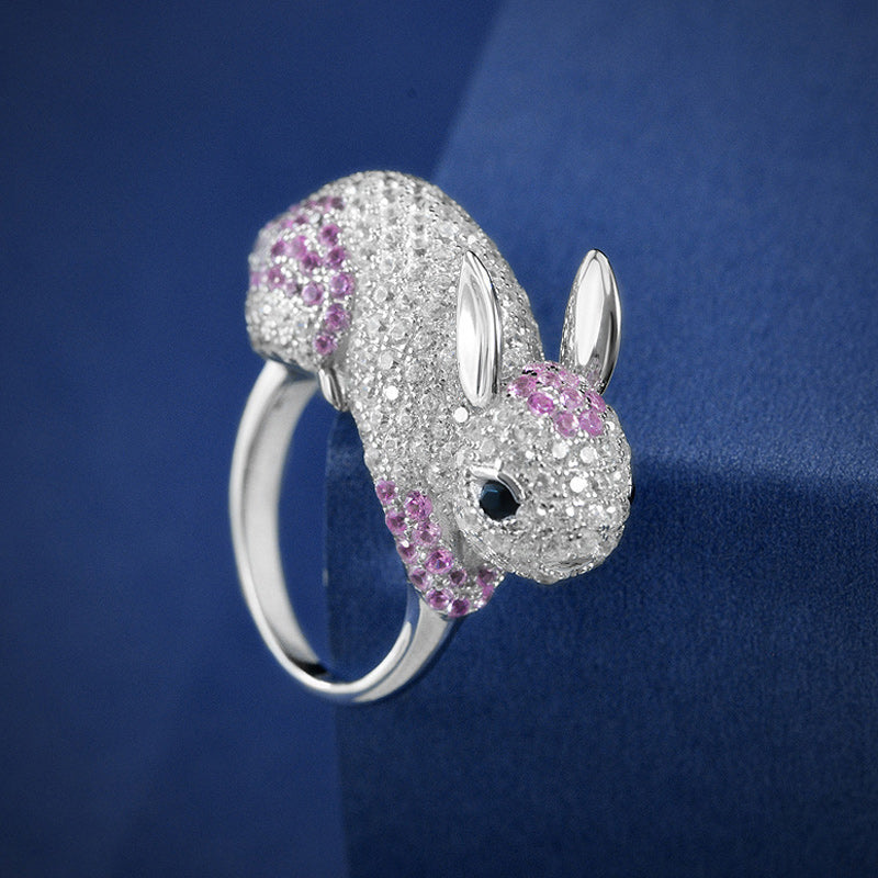 Cute Sterling Silver Rabbit Ring Crystal Sparkling Pink Zircon-Rings-Innovato Design-5-Innovato Design