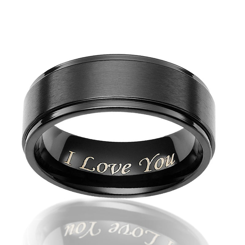 8MM Men's Black Titanium Ring Wedding Band Engraved I Love You-Rings-Innovato Design-7-Innovato Design